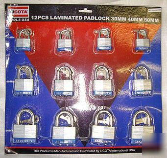12 piece padlock set 30MM, 40MM, and 50MM laminated 