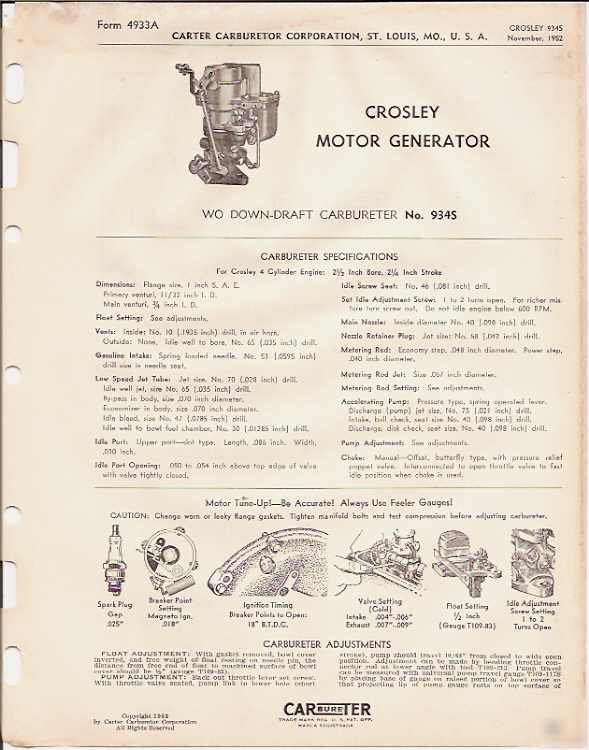 Crosley motor generator carter 934S carburetor manual