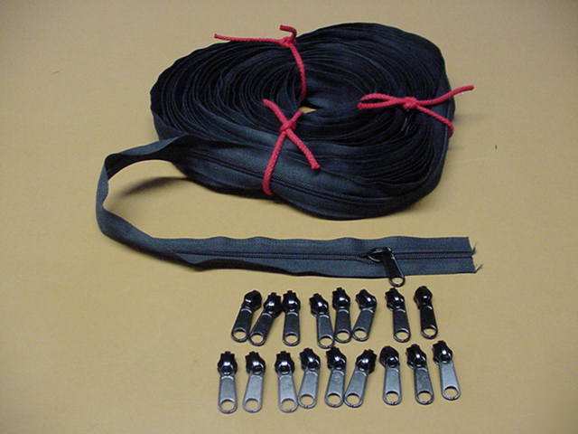 Heavy black #8 coil sewing zipper 60 ft & 18 pulls nice