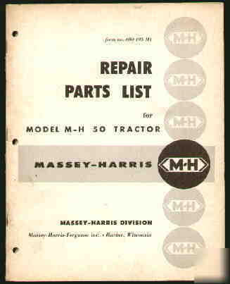 Massey-harris m-h 50 tractor repair parts book 1956
