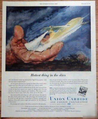 1951 union carbide jet rocket hand hottest thing sky ad