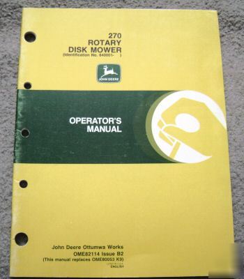 John deere 270 rotary disk mower operator's manual jd
