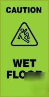 2X fold-ups sign in bright green, caution wet floor
