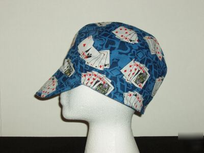 Welding cap in poker cards of blue