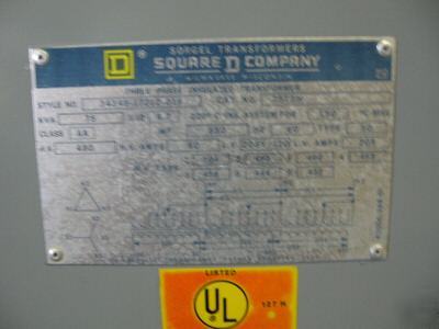 Square d 75 kva 480V-208Y/120V transformer used 75T3H