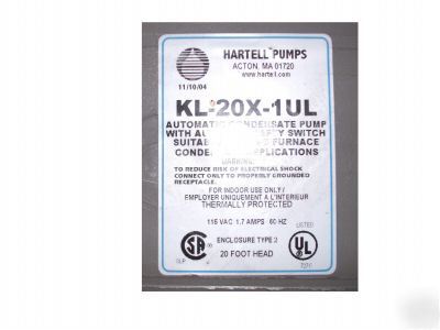 Hartell kl-30X-1UL condesate pump w' aux safety switch