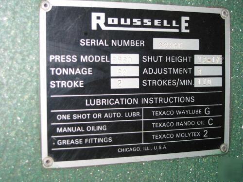 Rousselle 6B 60 ton obi punch press, air clutch & brake