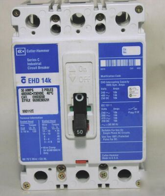 Cutler hammer EHD3050 circuit breaker 3P/480VAC/50A lnc