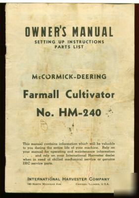 Mccormick-deering farmall cultivator hm-240 owner's man