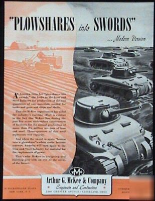 1942 arthur g mckee co plowshares swords tank modern ad