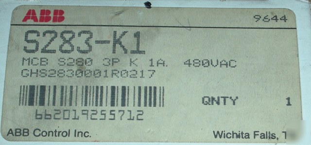 New abb S283-K1 circuit breaker 3PH 1A 480VAC 
