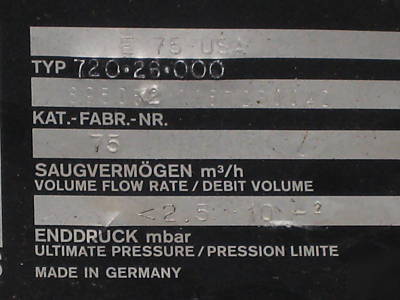 3HP leybold-heraeus 75 m/hr rebuilt vacuum pump 720 26
