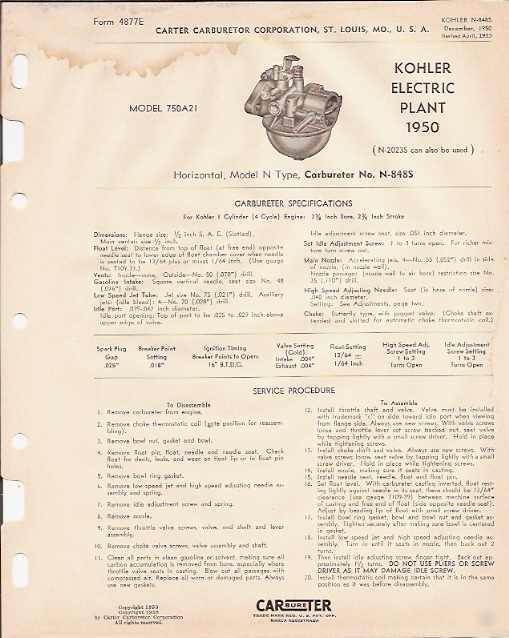 Kohler electric plant 750A21 carter carburetor manual