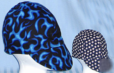 Blue flames on black welding cap hat biker reversible 