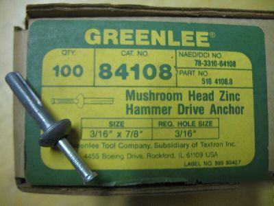 100 greenlee mushroom head zinc anchors 3/16