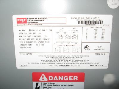Federal 45 kva transformer 480V- 208Y /120 T4T45K13