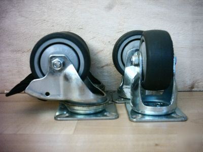 Set of 4 rubber tyred swivel & braked castors 75MM 