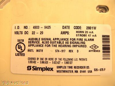 Simplex 15CD 4 wire a/v 4903-9425 horn w/strobe 