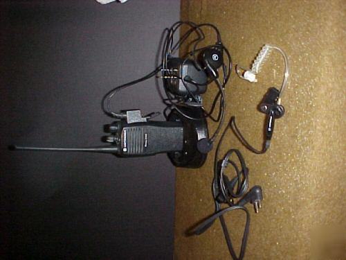 Motorola CP200 4 ch radio w/ headset, ear bud, charger