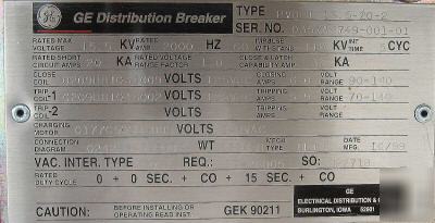 Ge 15.5KV 2000 amp distribution breaker PVDB1 15.5-20-2