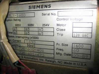 Siemens rlx-1600 1600 amp static trip ii draw-out